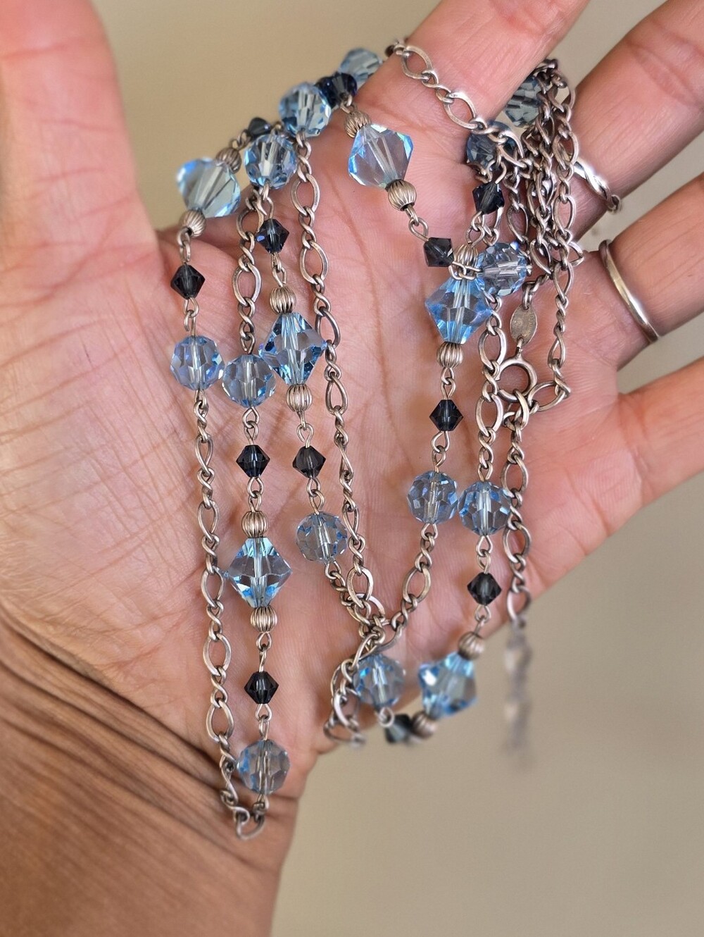 LONG 50 inches blue crystal chunky, solid 925 sterling silver necklace